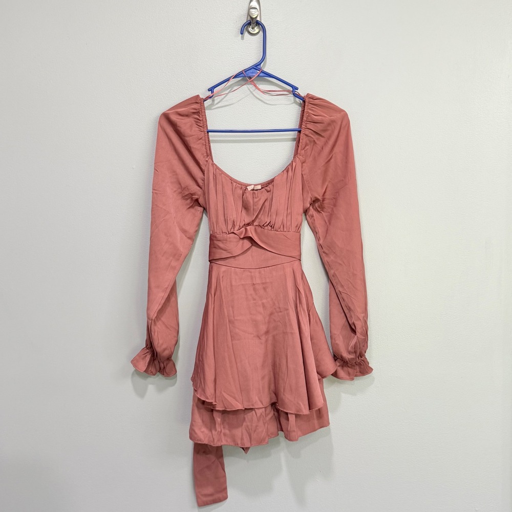 Rose‎ Pink romantic Ruched Mini Dress Long Sleeve Tiered Ruffle Square Neck XS